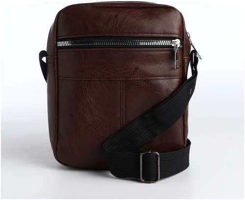 Сумка мужская через плечо на молнии, наружный карман, коричневая / 103198129 - вид 2