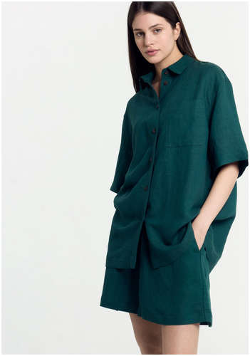 Рубашка женская в изумрудно-зеленом цвете из вискозы и льна Mark Formelle / 103183995