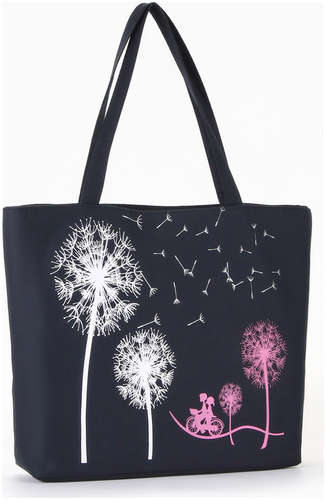 Сумка-шопер на молнии, с принтом dandelion, черная/белая / 103223416 - вид 2