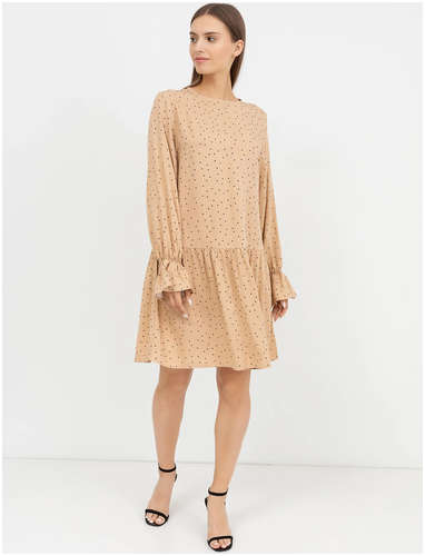 Свободное текстильное платье с длинными рукавами бежевого цвета в мелкий горошек Mark Formelle / 103167135