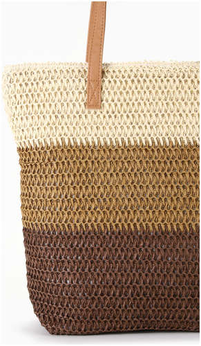 Сумка пляжная на молнии, на подкладке, бежевая/коричневая / 103223039 - вид 2