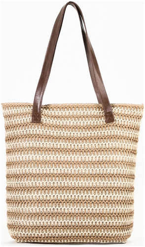 Сумка пляжная на молнии, на подкладке, бежевая/коричневая 103222883