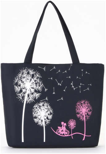 Сумка-шопер на молнии, с принтом dandelion, черная/белая 103223416