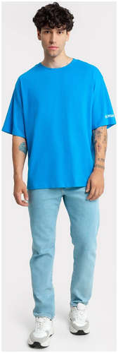 Мужская оверсайз футболка синего цвета с текстовой печатью на рукаве Mark Formelle / 103168134 - вид 2