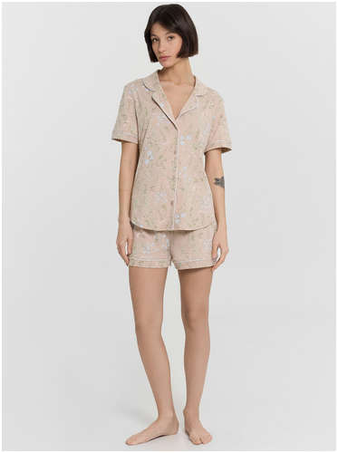 Комплект домашний женский бежевый с цветочным принтом Mark Formelle 103239339