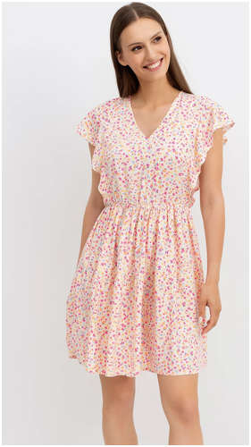 Платье из вискозы с v-образным вырезом молочного цвета в розовый цветочек Mark Formelle / 103167115 - вид 2