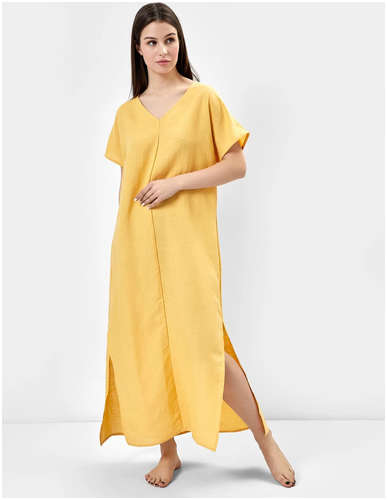 Платье женское домашнее макси из премиального льна и вискозы в желтом цвете Mark Formelle / 103173413