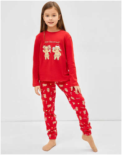 Хлопковый комплект для девочек (красный лонгслив и красные брюки) Mark Formelle / 103171875