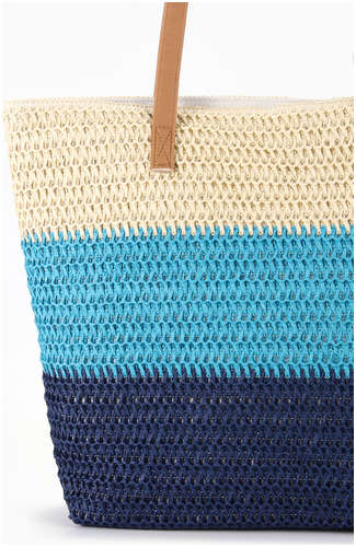 Сумка пляжная на молнии, на подкладке, бежевая/голубая/синяя / 103223027 - вид 2