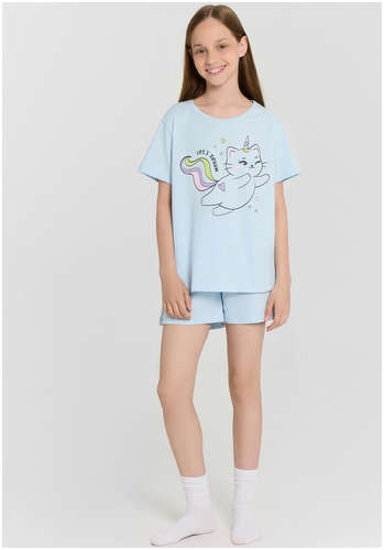 Комплект домашний для девочек голубой с принтом и надписью Mark Formelle 103237153