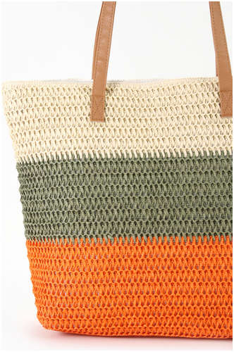 Сумка пляжная на молнии, на подкладке, бежевая/серая/оранжевая / 103222984 - вид 2