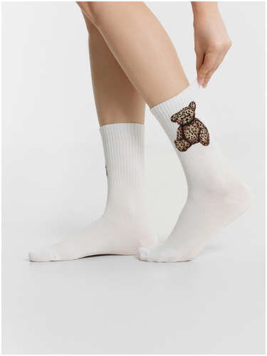 Носки женские высокие белые с узором в виде мишки Mark Formelle 103232875