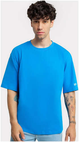 Мужская оверсайз футболка синего цвета с текстовой печатью на рукаве Mark Formelle / 103168134