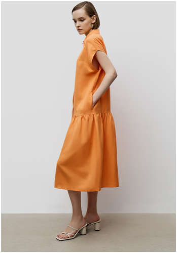 Льняное платье-рубашка миди с оборками BAON B4523025 / 11532222 - вид 2